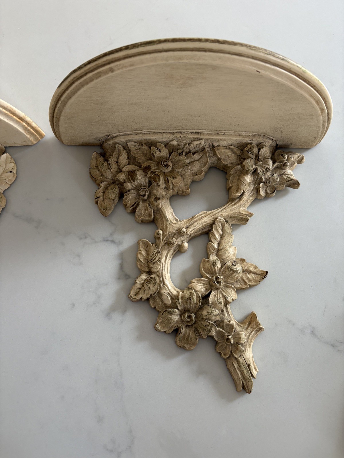 Pair Vintage Syroco Wood Floral Wall Sconce Shelf Shelves
