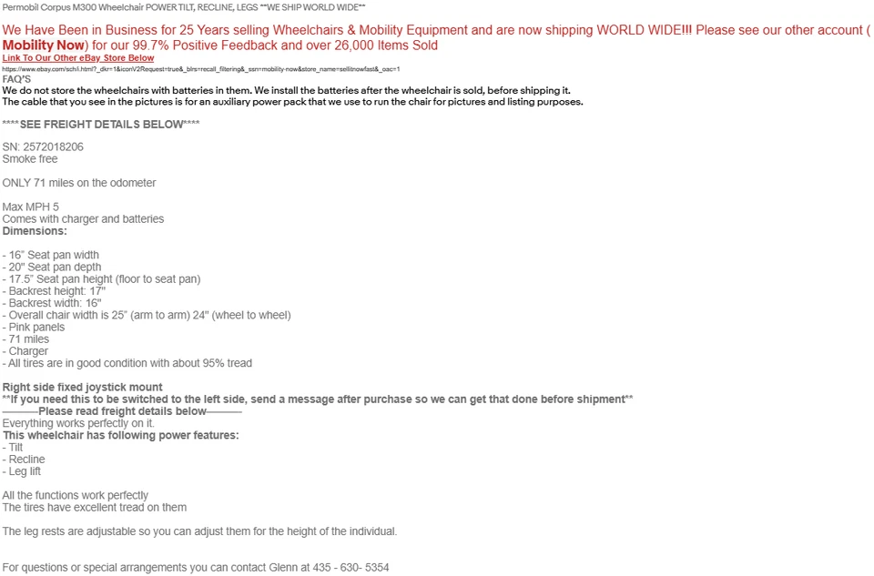 Permobil Corpus M300 Wheelchair POWER TILT, RECLINE, LEGS **WE SHIP WORLD WIDE** - Image 2 of 4