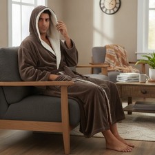 Mens Long Flannel Robes with Hood Plush Warm Bathrobes BLACK/GREY ONLY 