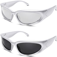 2 Pairs Y2K Wrap Around Sunglasses Sports Futuristic Oval Glasses for Women M...