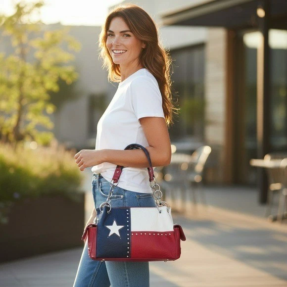 Bolso de Mano Occidental Montana West Texas Pride Rojo, Blanco y Azul Tachonado Cuero Vegano Foto 3 de 4