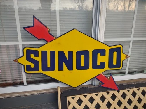 VINTAGE LARGE RARE SUNOCO GASOLINE ARROW 3FT PORCELAIN METAL SIGN AUTOMOBILE