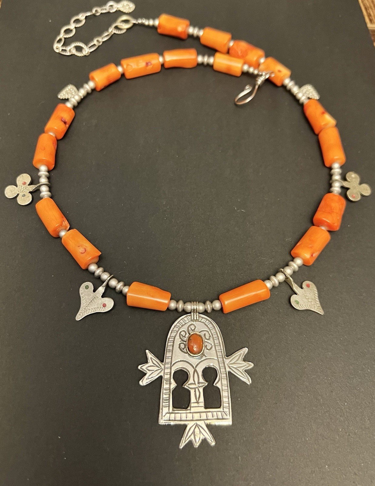 Gates of paradise berber Tuareg pendant & vintage Charms Orange Coral Necklace.