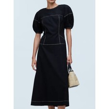 Madewell Puff-Sleeve Drop-Waist Midi Dress Women 2 Black Contrast Stitch