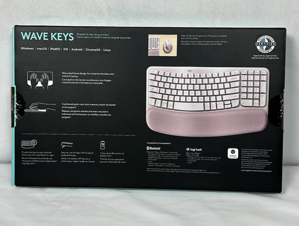 New Wave Keys Ergonomic Wireless Keyboard - Rose Pink, Cushioned Palm Rest Gifts - Image 3 of 4