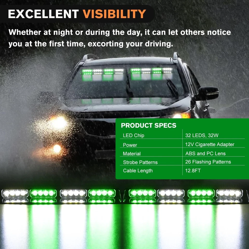 Nilight 32LED Green White Emergency Dash Strobe Lights with Controller Suction C - Image 3 of 4