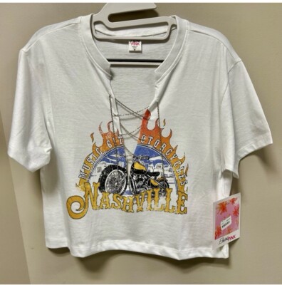 Electric Pink Sz M Music City Motorcycles Nashville Crop T Shirt NWT White Blue