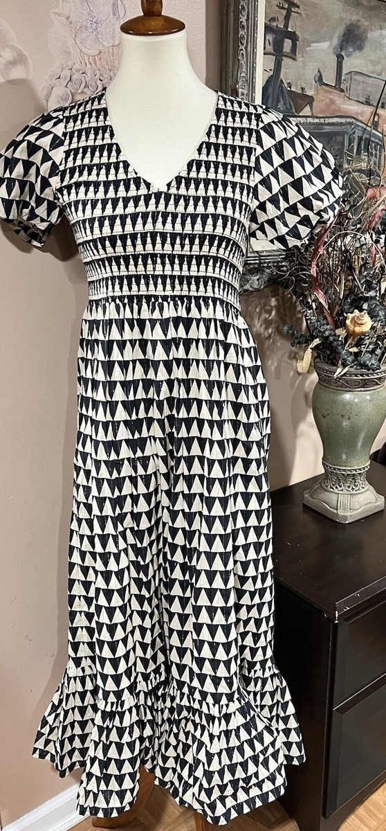 Cleobella Smocked Tiered Short Sleeve V Neck Organic Cotton Midi Dress Size  XS