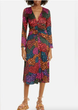 FARM RIO RAINBOW HEARTS LONG SLEEVE V-NECK MIDI DRESS sz S