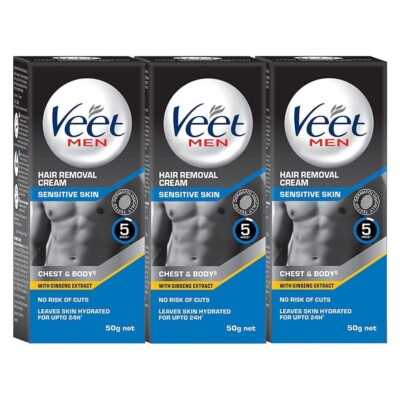 Veet Haarentfernungscreme für Männer, empfindliche Haut 50g je 3er Pack