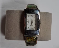Women's Silvertone Cuff Bangle Watch Green Stones New Battery