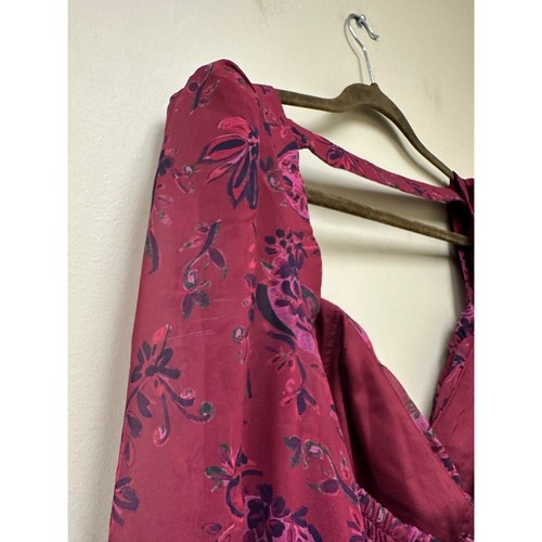 Abito midi Badgley Mischka viola floreale chiffon vacanza schiena aperta taglia 4 - Foto 7 di 14