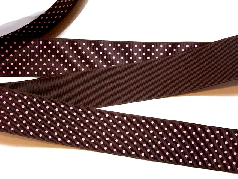 Brown with Pink Confetti Dot Grosgrain Ribbon 1 1/2" wide x 9 yards Polka B57 - Image 2 of 3