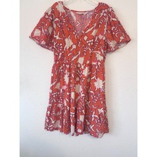 Knox Rose Boho Dress M Coral Orange Short Sleeve Tiered Mini Cottagagecore