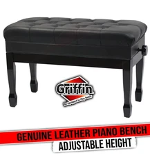 GRIFFIN Genuine Leather Piano Bench | Oversize Duet Vintage Black Solid Wood
