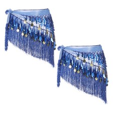 Belly Dance Hip Scarf with Tassels Sequin Coin for Party Dark Blue, Pack of 2 