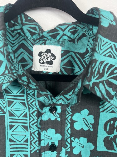 HILO HATTIE Short Sleeve Hawaiian Shirt Teal Black Floral Tribal 1/4 Button~ 2XL - Picture 3 of 10