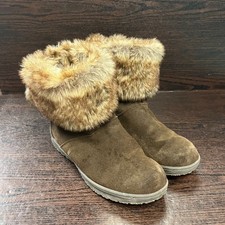 Minnetonka Women's Ankle Boots Size 6 Brown Winter Casual Suede Faux Fur Pom Pom