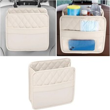PU Leather Car Seat Back Organizer, Beige Three-pocket layout with clear panel