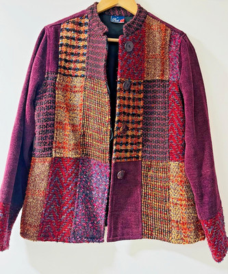 Vintage Phool Patchwork Strick Wollmix Jacke Cardigan Burgund Lila UK 10