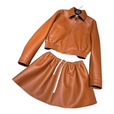 Women Tan brown Genuine Leather Jacket Skirt Set Co Ord Outfit Cropped Bomber