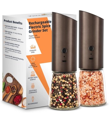 Rechargeable Electric Salt and Pepper Grinder Set, Automatic Gravity Mill wit...