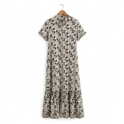 NWT Max Studio Women's Floral Maxi Black White Button Front Tiered Dress Size L