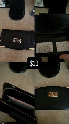 Black Women's Envelope Wallet Gold Clasp Card Slots Folding Button Accent