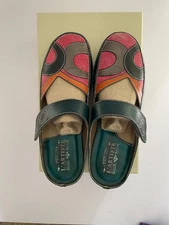 L'ARTISTE SPRING STEP MAUREEN LEATHER NAVY CLOG RUBBER SOLE/HEELS SZ 38 USA 7.5