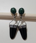 Vintage Sterling Silver Green Black Onyx Drop Earrings