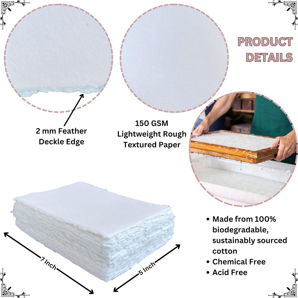 Handmade Cotton Paper With Deckle Edge - 2x3 Inch, 150gsm, 50 Pack, For Place Cards, Vow Cards, Business Cards