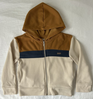 DKNY Boys Colorblock Full Zip Fleece Hoodie Brown Cream Blue Size 5 - NWOT