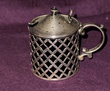 ANTIQUE WATSON STERLING SILVER RETICULATED MUSTARD POT-ORIGINAL BLUE GLASS LINER