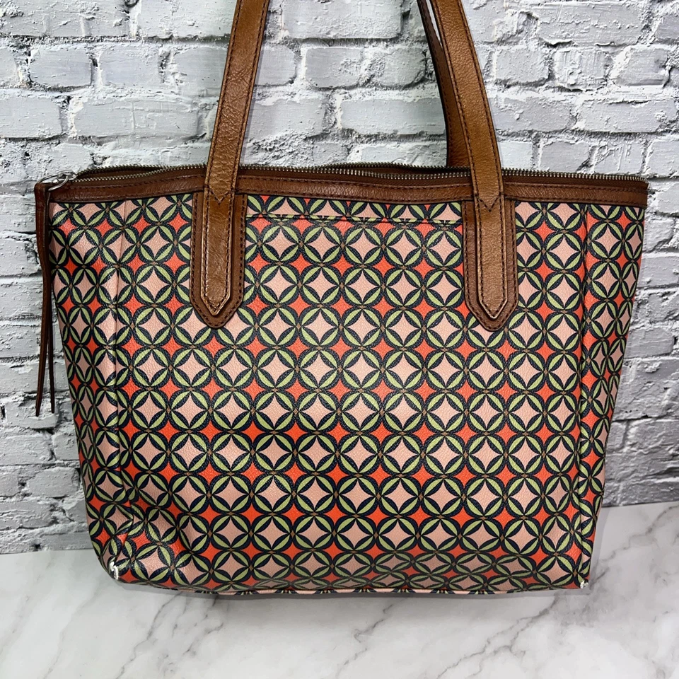 "Bolso de hombro grande FOSSIL Sydney Signature cuero marrón rosa 16""x12""" Foto 3 de 4