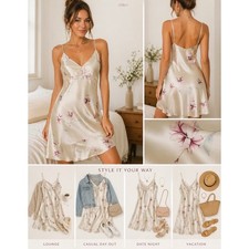 Private Luxuries Floral Satin Chemise Nightgown XL Cream Purple Sleepless Slip