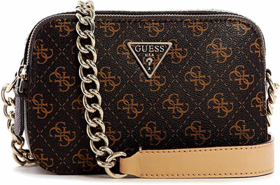 GUESS Noelle Logo Zip Crossbody Bag Brown/Tan/Black Chain Detachable Strap