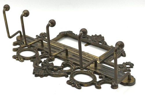 Antique Collectable Solid Brass Wall Mountable Picture And Tie Rack 5 Hooks - Picture 9 of 10