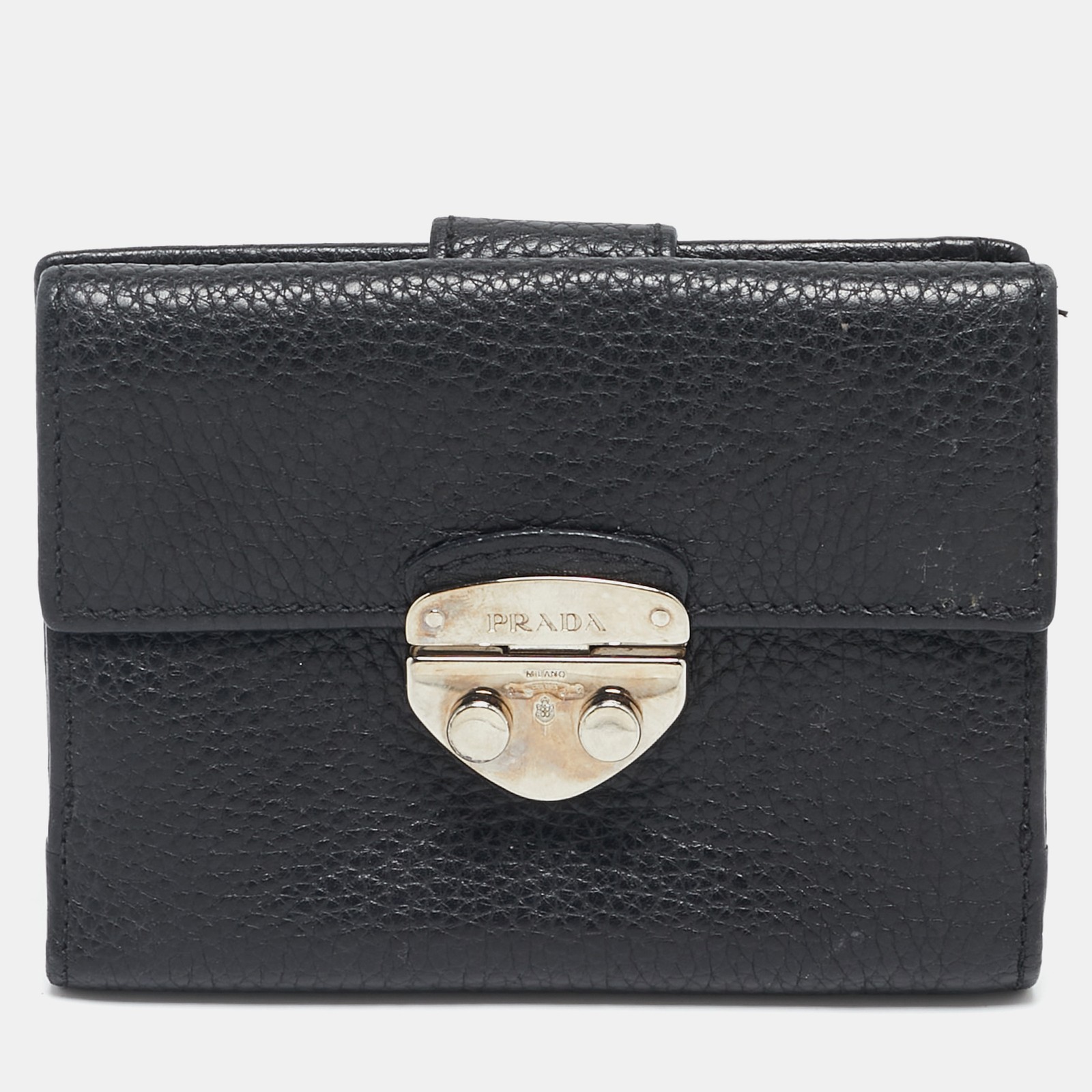 Prada Black Leather Compact Wallet with RFID Protection