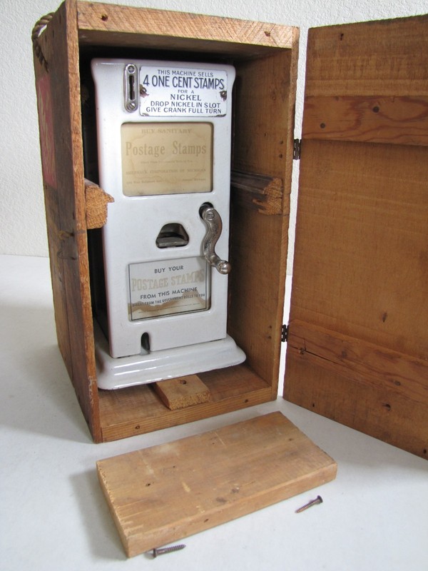 Vintage Schermack Porcelain Stamp Vending Machine 4 One Cent Stamps Nickel Antiq