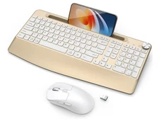 Ergonomic Wireless Keyboard and Mouse with Wrist Rest, Phone Holder, Gold