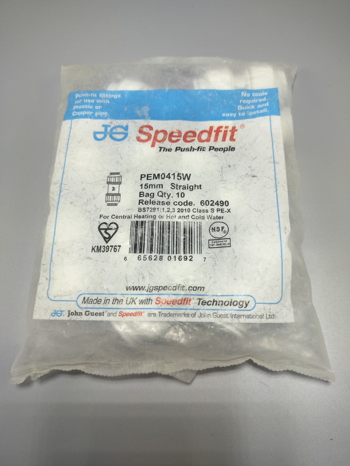JG Speedfit Push Fit Straight Coupler 15mm - Pack of 10 - PEM0415W