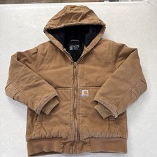 Carhartt Jacket Youth Medium 10-12 Canvas Hood Quilted Insulated Brown OJ8545-B