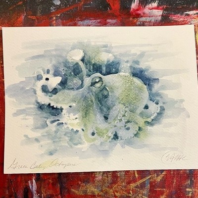 Original Painting octopus Watercolor Green Baby squid Art mushrooms ocean Decor