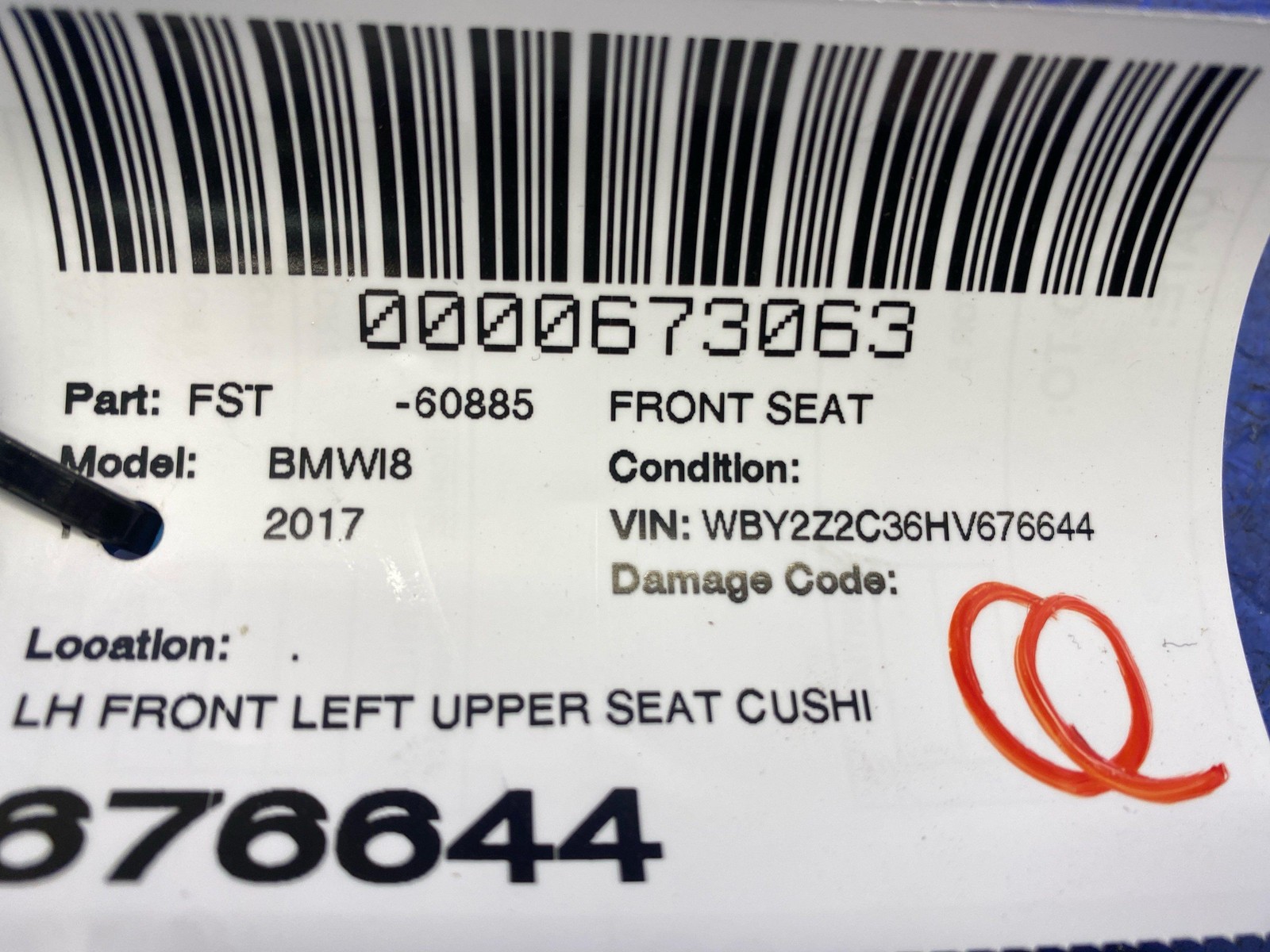 2014-2019 BMW I8 FRONT LEFT UPPER SEAT CUSHION GRAY LEATHER OEM