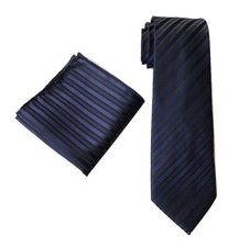 Men's Navy BLUE Black Ties Hanky Set Fashion Handmade Necktie with Pocket Square