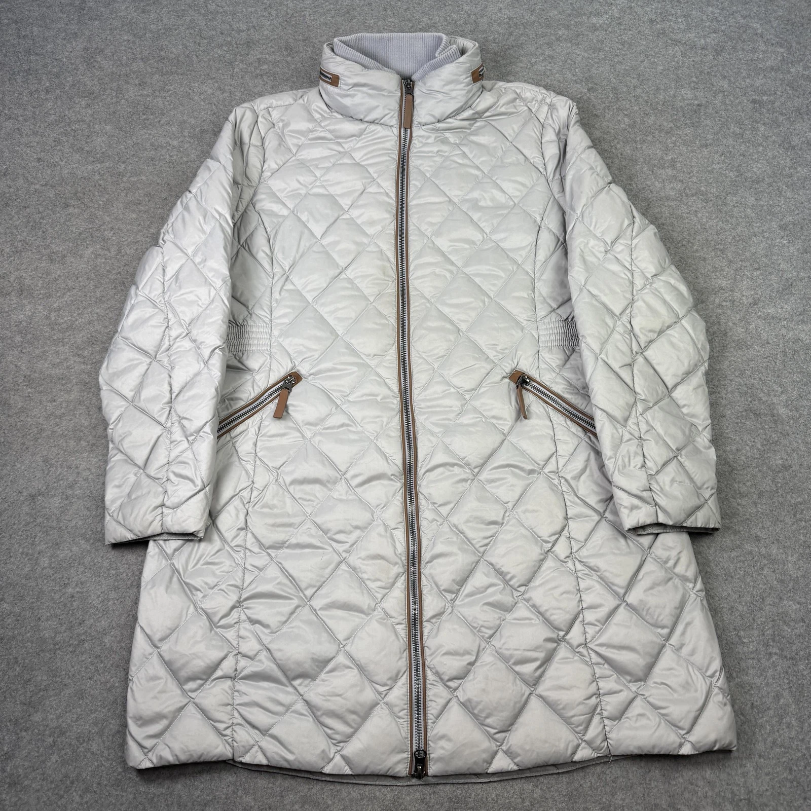 M&S Jacket Womens UK 14 Light Grey Quilted Down Puffer Full Zip Hooded Coat