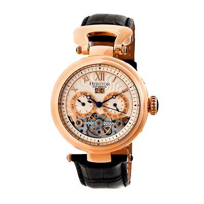 Heritor Automatic Ganzi Semi-Skeleton Leather-Band Watch - Rose Gold