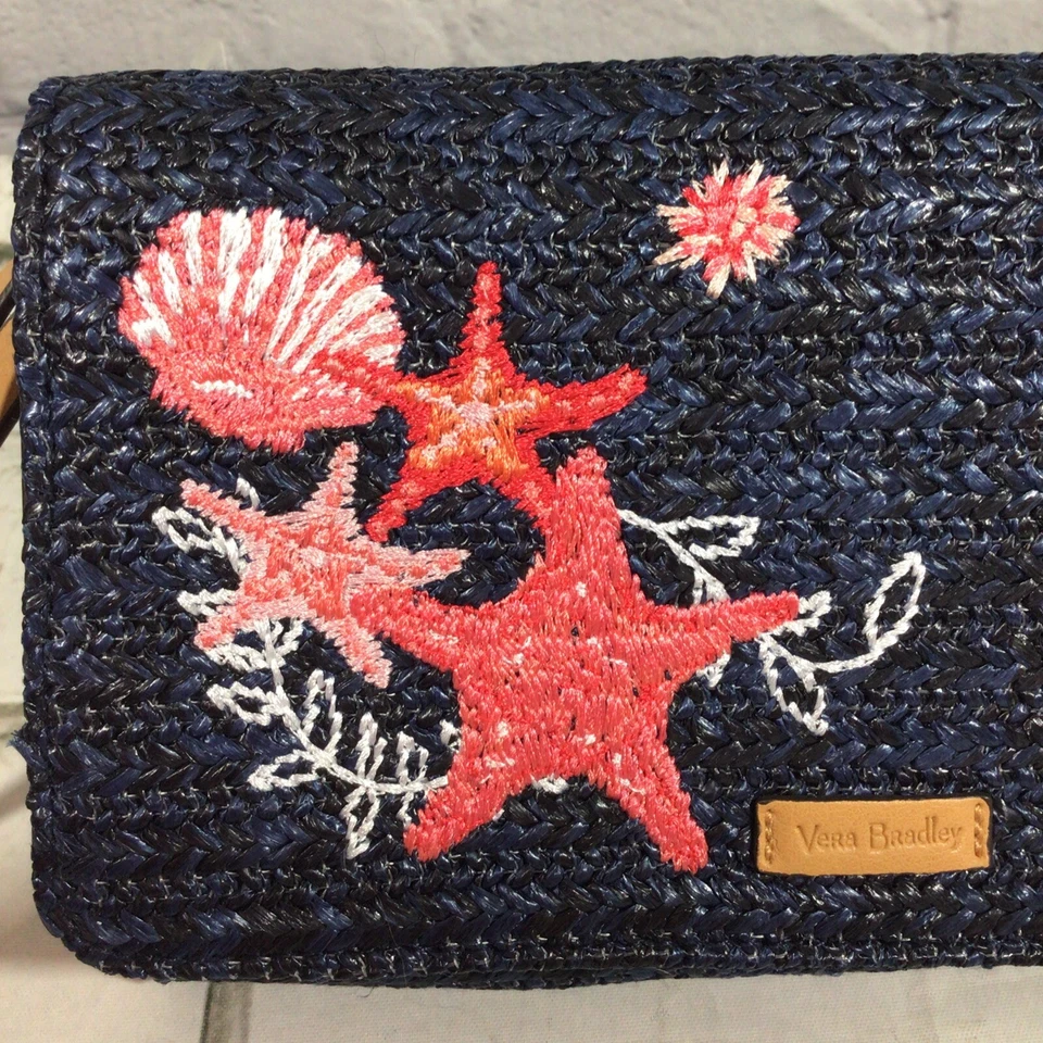 Bolso sin asas de muñeca de paja Vera Bradley azul marino rosa estrella pez tropical bordado Foto 3 de 4