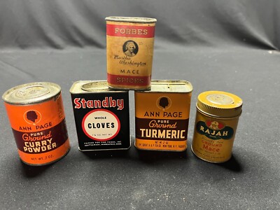Lot of 5 Vintage Spice Tins - Turmetic Cloves Mace Curry Powder Ann Page Forbes
