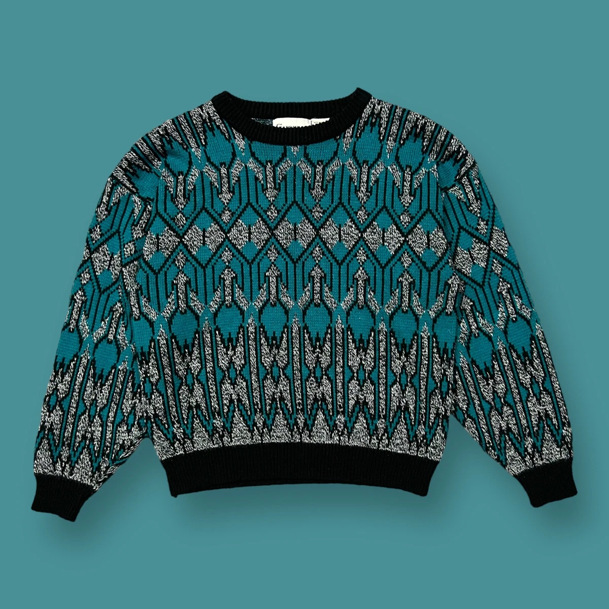 Vtg Abstract Knit Sweater Crewneck Pullover 80s 90s Acrylic Soft Green Large
